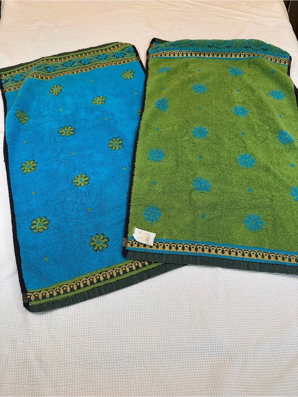Vintage Callaway 3 pc bath towel hand towel set 60’s 70’s MCM blue green gold
